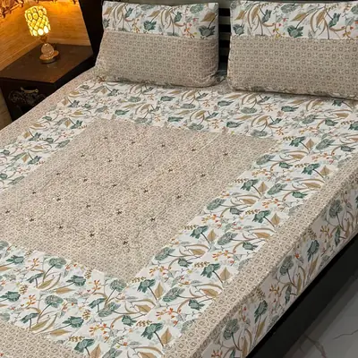 Stylish 3 Pcs Cotton Sotton Embroidered Patchwork Double Bedsheet