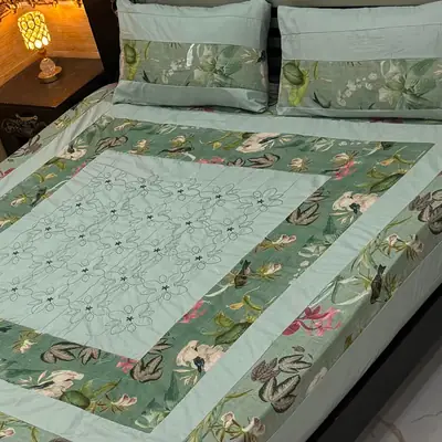 Stylish 3 Pcs Cotton Sotton Embroidered Patchwork Double Bedsheet
