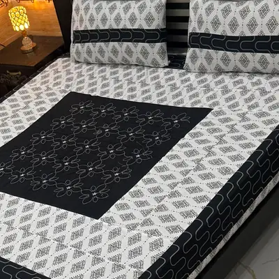 Stylish 3 Pcs Cotton Sotton Embroidered Patchwork Double Bedsheet