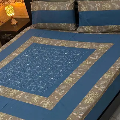 Stylish 3 Pcs Cotton Sotton Embroidered Patchwork Double Bedsheet
