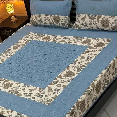 Stylish 3 Pcs Cotton Sotton Embroidered Patchwork Double Bedsheet