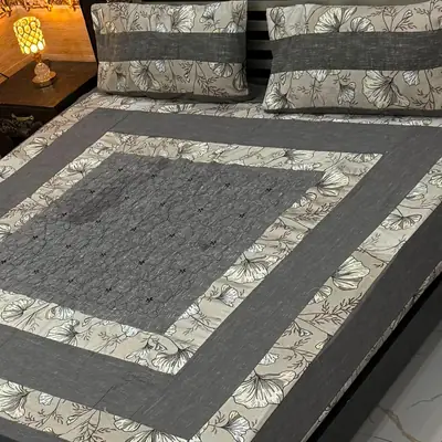 Stylish 3 Pcs Cotton Sotton Embroidered Patchwork Double Bedsheet