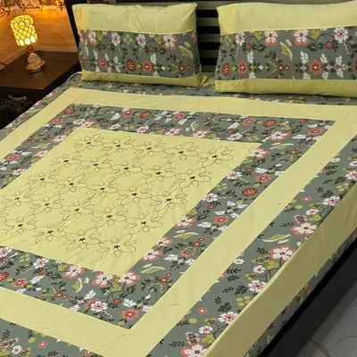 Stylish 3 Pcs Cotton Sotton Embroidered Patchwork Double Bedsheet