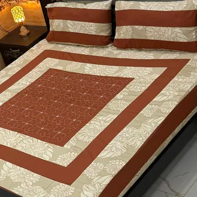 Stylish 3 Pcs Cotton Sotton Embroidered Patchwork Double Bedsheet