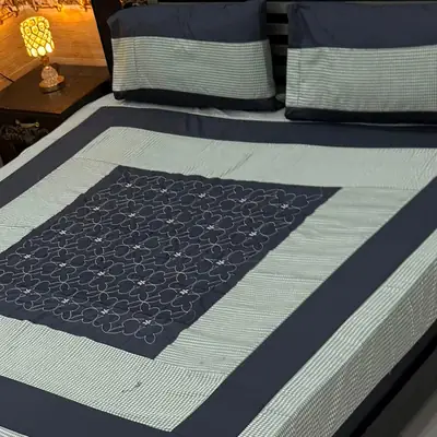Stylish 3 Pcs Cotton Sotton Embroidered Patchwork Double Bedsheet