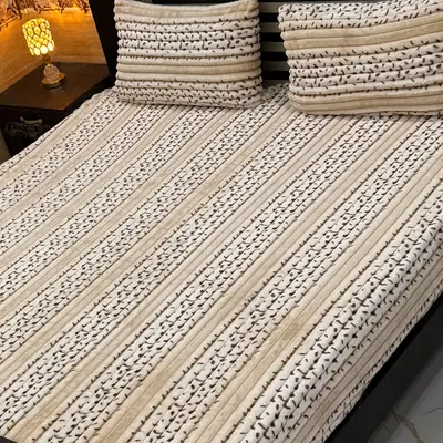 Premium 3 Pcs Plush Embossed Bubble Printed Double Bedsheet