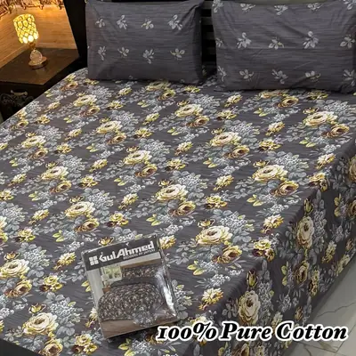 Exclusive 3 Pcs 100% Pure Cotton Printed Double Bedsheet