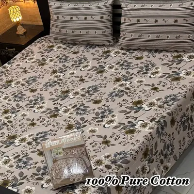 Exclusive 3 Pcs 100% Pure Cotton Printed Double Bedsheet