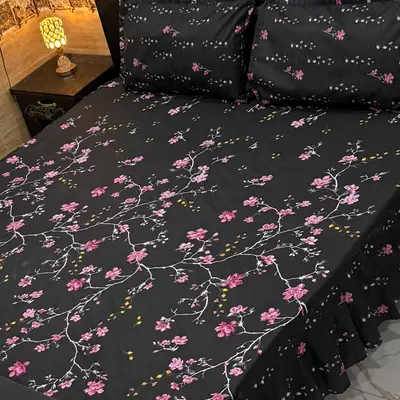 Stylish 3 Pcs Cotton Salonica Frill Double Bedsheet