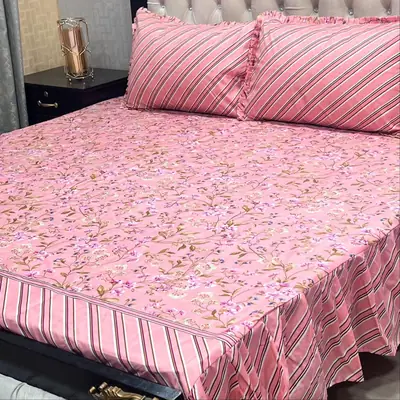 Stylish 3 Pcs Cotton Salonica Frill Double Bedsheet