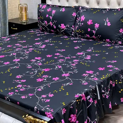 Stylish 3 Pcs Cotton Salonica Frill Double Bedsheet