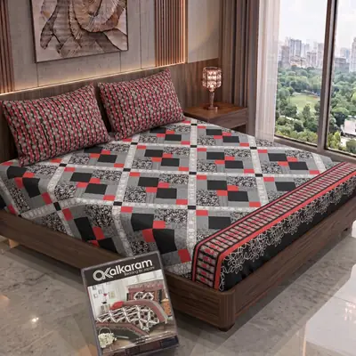 3 Pcs Cotton Salonica Printed Double Bedsheet