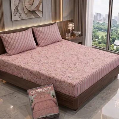 3 Pcs Cotton Salonica Printed Double Bedsheet
