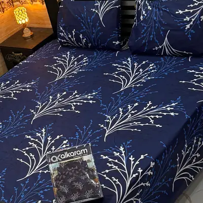 Stylish 3 Pcs Cotton Salonica Printed Double Bedsheet