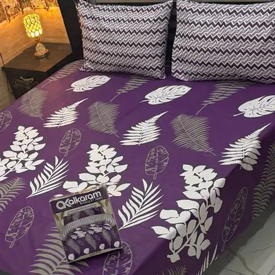Stylish 3 Pcs Cotton Salonica Printed Double Bedsheet