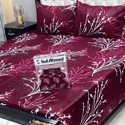 Stylish 3 Pcs Cotton Salonica Printed Double Bedsheet