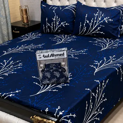 Stylish 3 Pcs Cotton Salonica Printed Double Bedsheet