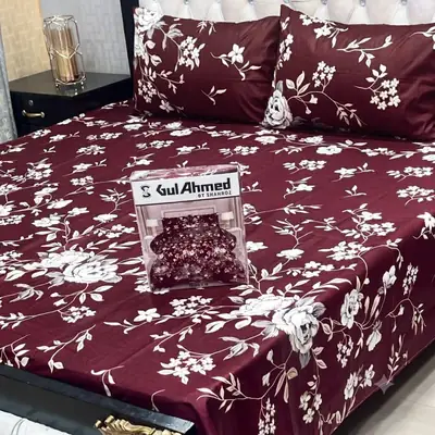 Stylish 3 Pcs Cotton Salonica Printed Double Bedsheet