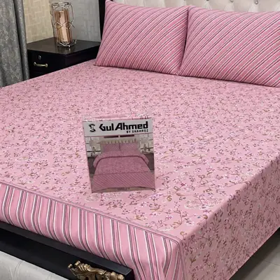 Stylish 3 Pcs Cotton Salonica Printed Double Bedsheet