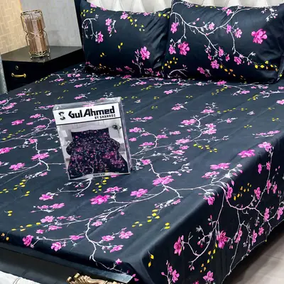 Stylish 3 Pcs Cotton Salonica Printed Double Bedsheet