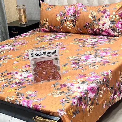 Stylish 3 Pcs Cotton Salonica Printed Double Bedsheet