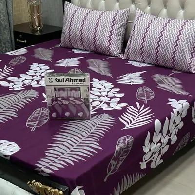 Stylish 3 Pcs Cotton Salonica Printed Double Bedsheet