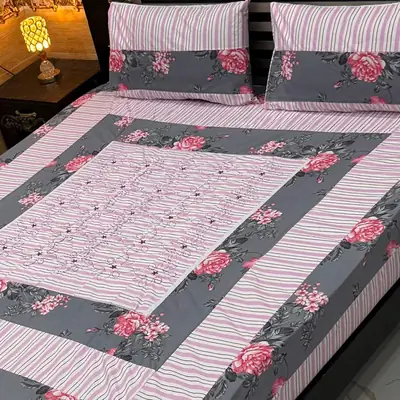 Stylish 3 Pcs Cotton Sotton Embroidered Patchwork Double Bedsheet