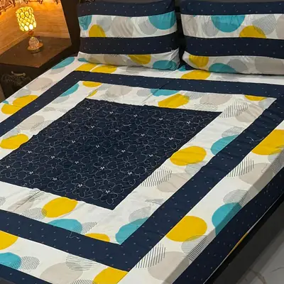 Stylish 3 Pcs Cotton Sotton Embroidered Patchwork Double Bedsheet