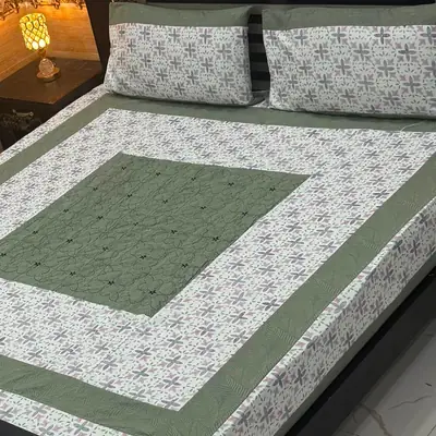 Stylish 3 Pcs Cotton Sotton Embroidered Patchwork Double Bedsheet
