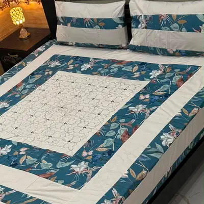 Stylish 3 Pcs Cotton Sotton Embroidered Patchwork Double Bedsheet