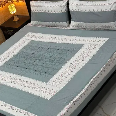 Stylish 3 Pcs Cotton Sotton Embroidered Patchwork Double Bedsheet