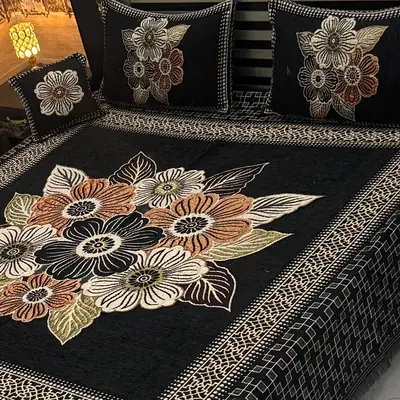 Exclusive 4 Pcs Velvet Jacquard Embroidered Double Bedsheet