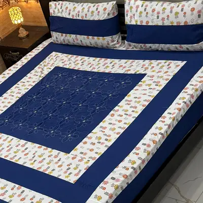 Stylish 3 Pcs Cotton Sotton Embroidered Patchwork Double Bedsheet