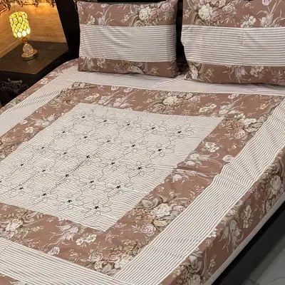 Stylish 3 Pcs Cotton Sotton Embroidered Patchwork Double Bedsheet