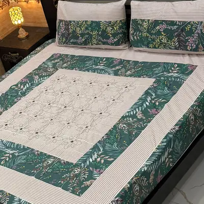 Stylish 3 Pcs Cotton Sotton Embroidered Patchwork Double Bedsheet