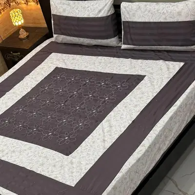 Stylish 3 Pcs Cotton Sotton Embroidered Patchwork Double Bedsheet