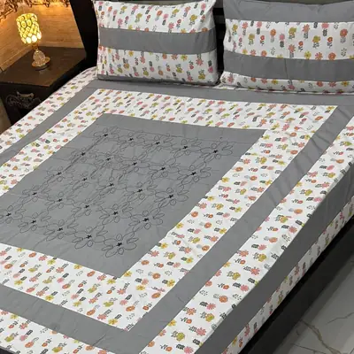 Stylish 3 Pcs Cotton Sotton Embroidered Patchwork Double Bedsheet