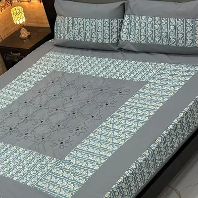 Stylish 3 Pcs Cotton Sotton Embroidered Patchwork Double Bedsheet