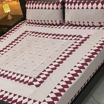 Stylish 3 Pcs Cotton Sotton Embroidered Patchwork Double Bedsheet