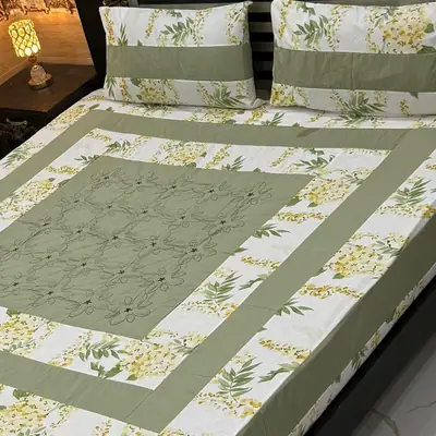 Stylish 3 Pcs Cotton Sotton Embroidered Patchwork Double Bedsheet