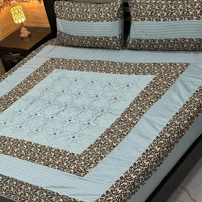 Stylish 3 Pcs Cotton Sotton Embroidered Patchwork Double Bedsheet