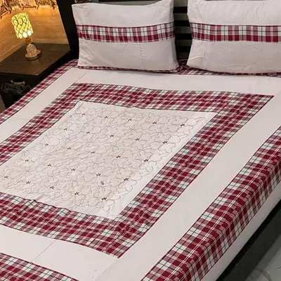 Stylish 3 Pcs Cotton Sotton Embroidered Patchwork Double Bedsheet