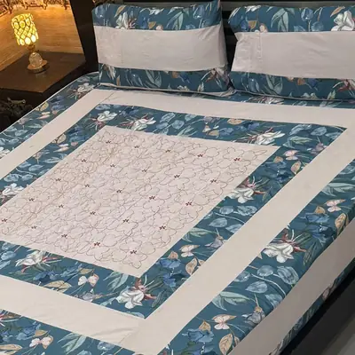 Stylish 3 Pcs Cotton Sotton Embroidered Patchwork Double Bedsheet