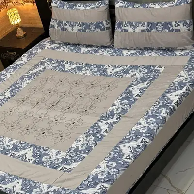 Stylish 3 Pcs Cotton Sotton Embroidered Patchwork Double Bedsheet