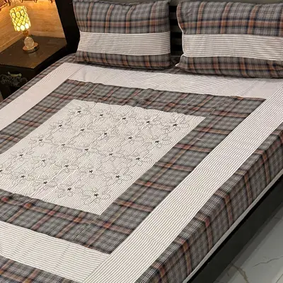 Stylish 3 Pcs Cotton Sotton Embroidered Patchwork Double Bedsheet