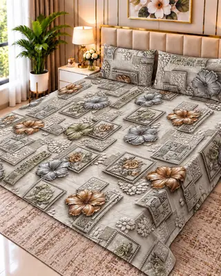 Exclusive 3 Pcs Micro Cotton Printed 9D Double Bedsheet