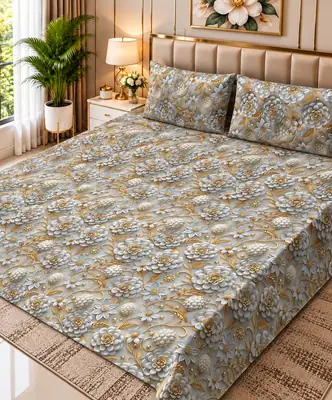 Exclusive 3 Pcs Micro Cotton Printed 9D Double Bedsheet