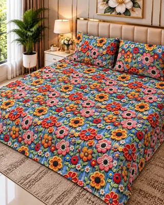 Exclusive 3 Pcs Micro Cotton Printed 9D Double Bedsheet