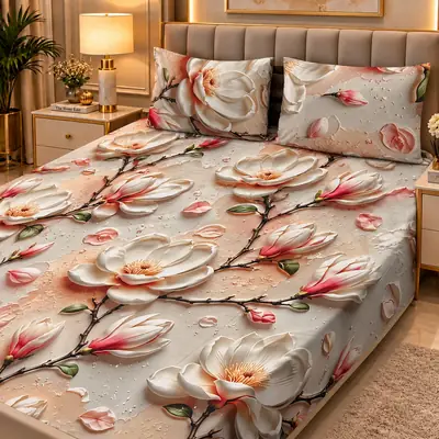 Elegant 3 Pcs Micro Cotton Printed 9D Double Bedsheet