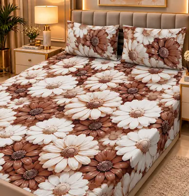 Elegant 3 Pcs Micro Cotton Printed 9D Double Bedsheet